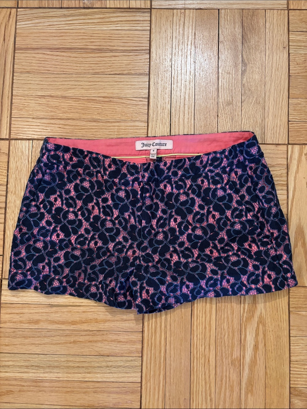 Juicy Couture Pink and Navy Floral Lace High Waist Shorts